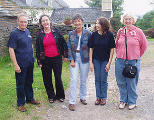 Photo taken at Phil Rickman's medieval farm near Peterborough, Herefordshire. 
	Left to right: Phil Rickman; Ann Gray; Marcia Talley; Carol Rickman; Kate Charles